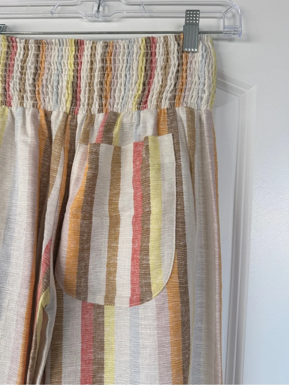 Pilcro Reese Smocked Pull On Barrel Pants in Multi Stripe